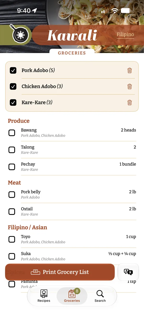 The Kawali grocery list: Pork Adobo, Chicken Adobo and Kare-Kare added, with bawang, talong and pechay under Produce, pork belly and oxtail under Meat, and toyo and suka under Filipino / Asian, each showing the recipes it's for