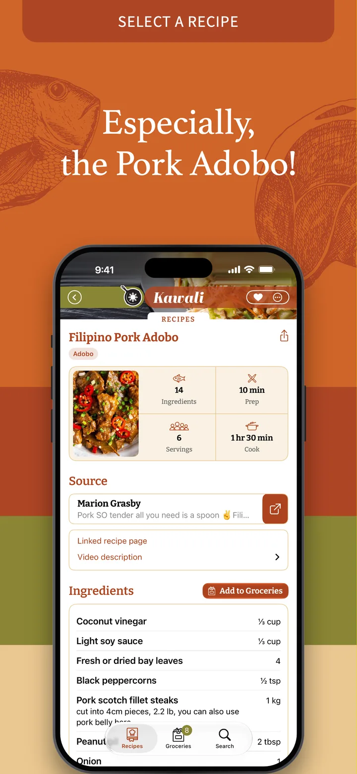 Especially, the Pork Adobo: a recipe with its ingredients, prep time, servings, cook time and source