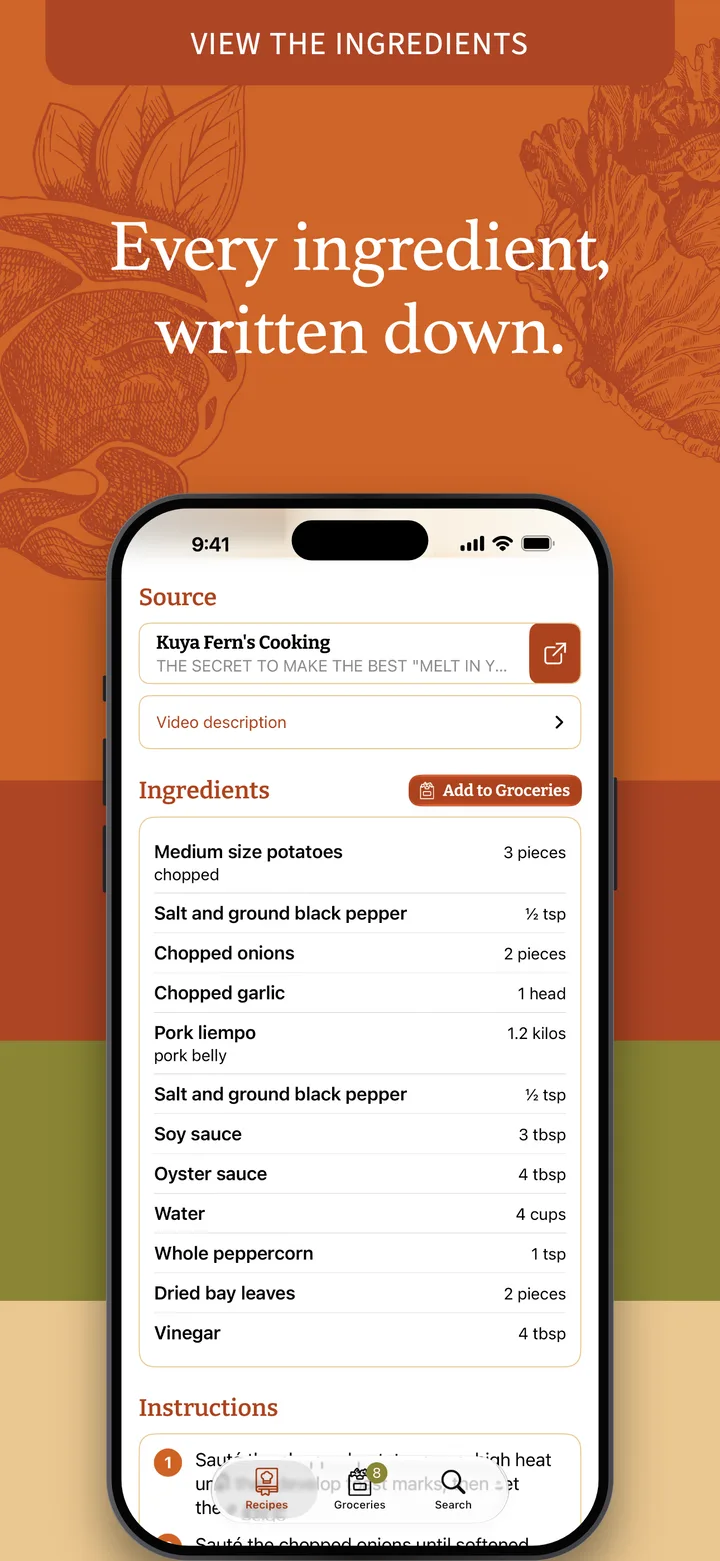 Every ingredient, written down: the ingredient list with amounts and an Add to Groceries button